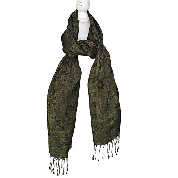 Large Jerusalem 100% Cashmere Scarf Shawl 68x27" Black Gold Fringe Ends Elegant - Picture 2 of 12